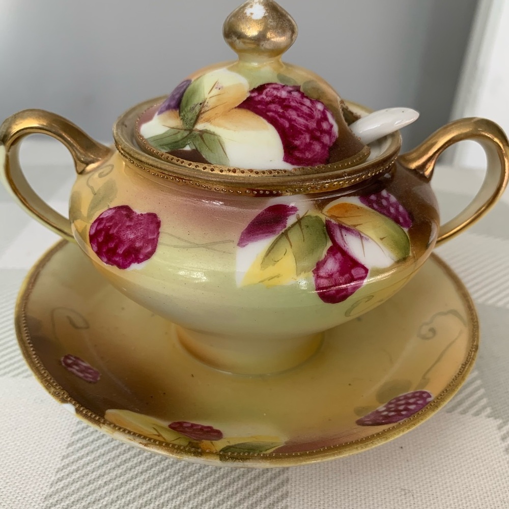 Nippon Hand Painted Yellow Dish Mustard pot with attached under-plate an…